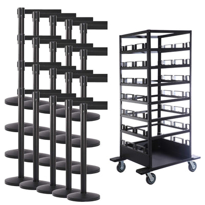 18 Pack & Cart | Black Retractable Belt Barrier Stanchions