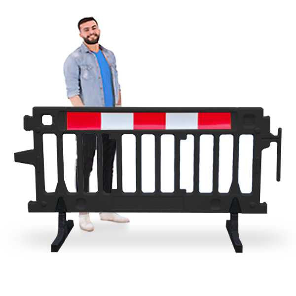 Plastic Crowd Control Barriers | Black CrowdPro Reflective Movit & GuideMaster Plastic Barriers Epic Crowd Control